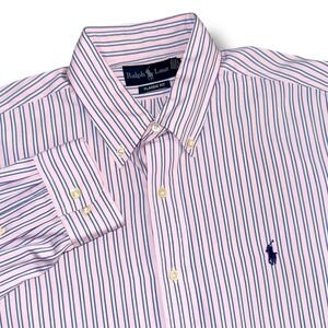 Ralph‎ Lauren Classic Fit Men's L 16 34/35 Pink Blue Stripe Button Down Shirt